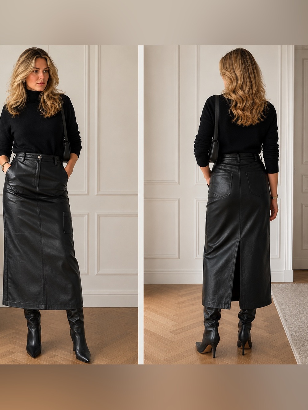Danier Genuine Leather Black Midi Maxi Cargo Skirt Size 10 CA 12 US Y2K Utility